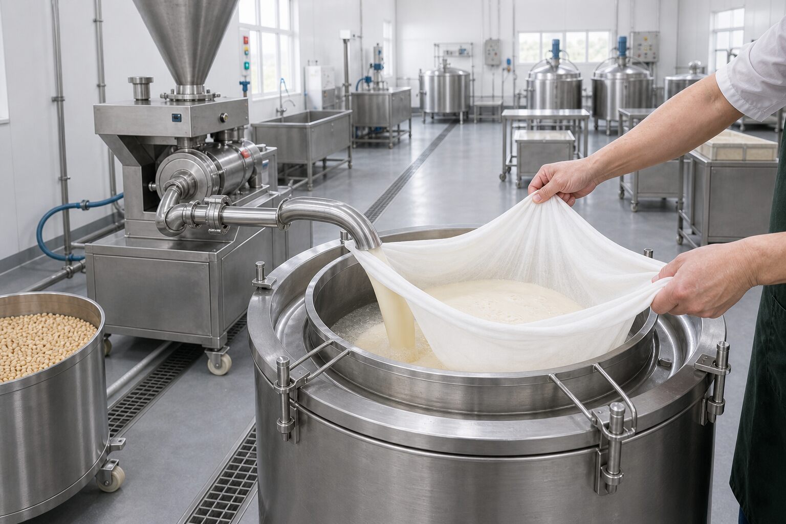 洁净豆制品作坊里,师傅用滤布过滤豆浆